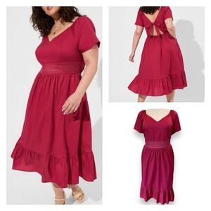 Torrid Plus Size 4 Sexy Berry Poplin‎ Tie Back Sheer Waist Midi Dress w/Pockets
